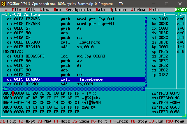 screenshot of portion of NSF code in Turbo Debugger